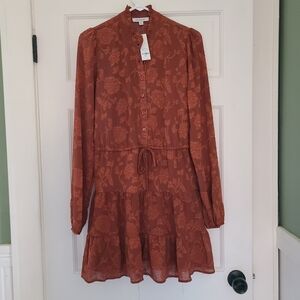 Francesca's Collections Rust Floral Long Sleeve Tiered Dress